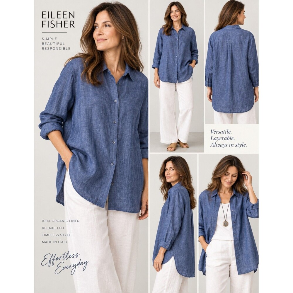 Eileen Fisher OLA Organic Linen Women XL Blue Button Up Shirt Long Minimalist